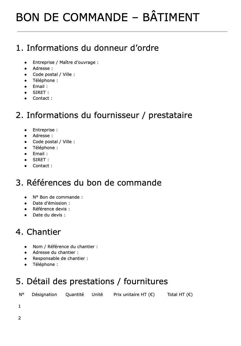 modèle bon de commande btp