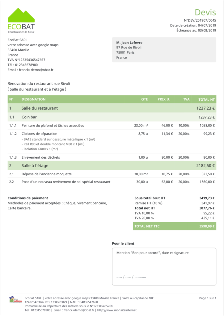 Exemple de devis bâtiment et BTP créé avec le logiciel Obat