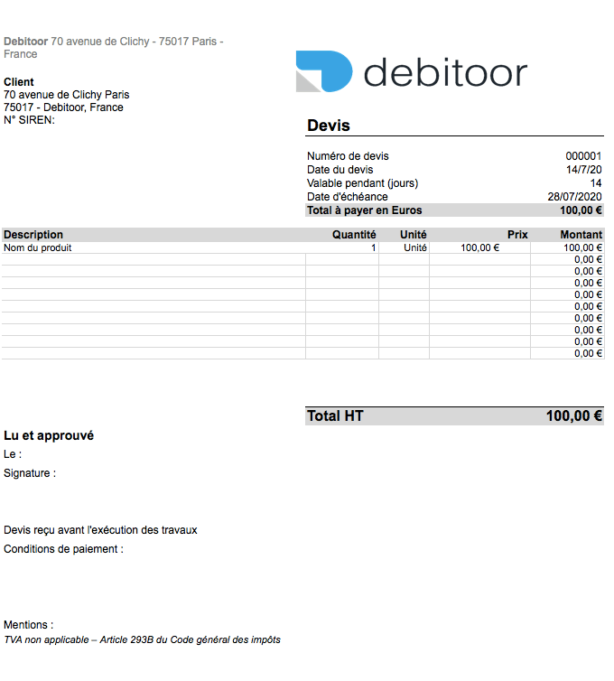 modèle de devis debitoor