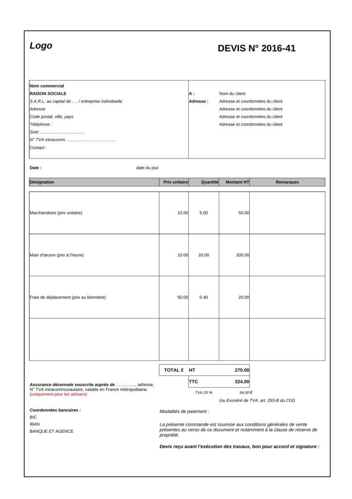 exemple devis artisan micro entreprise