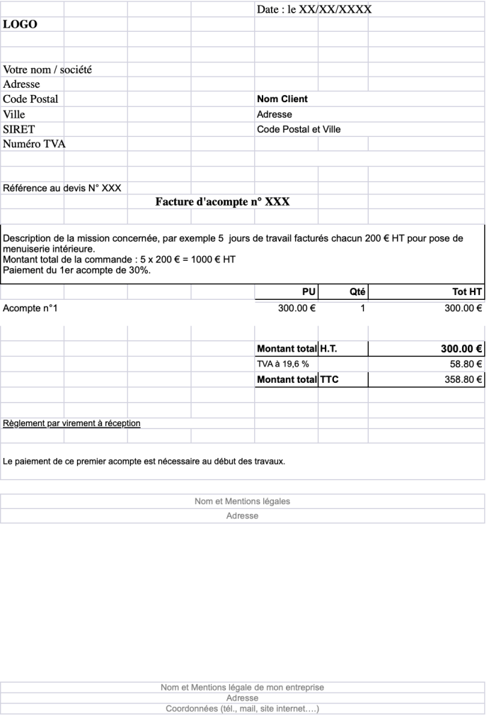modele facture d'acompte gratuit