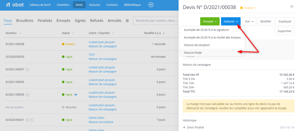 faire une facture finale