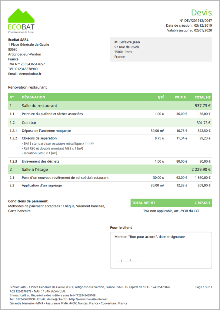 devis travaux avec mentions obligatoires