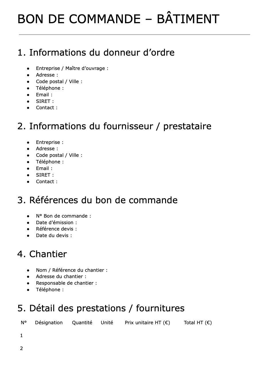 modèle bon de commande btp