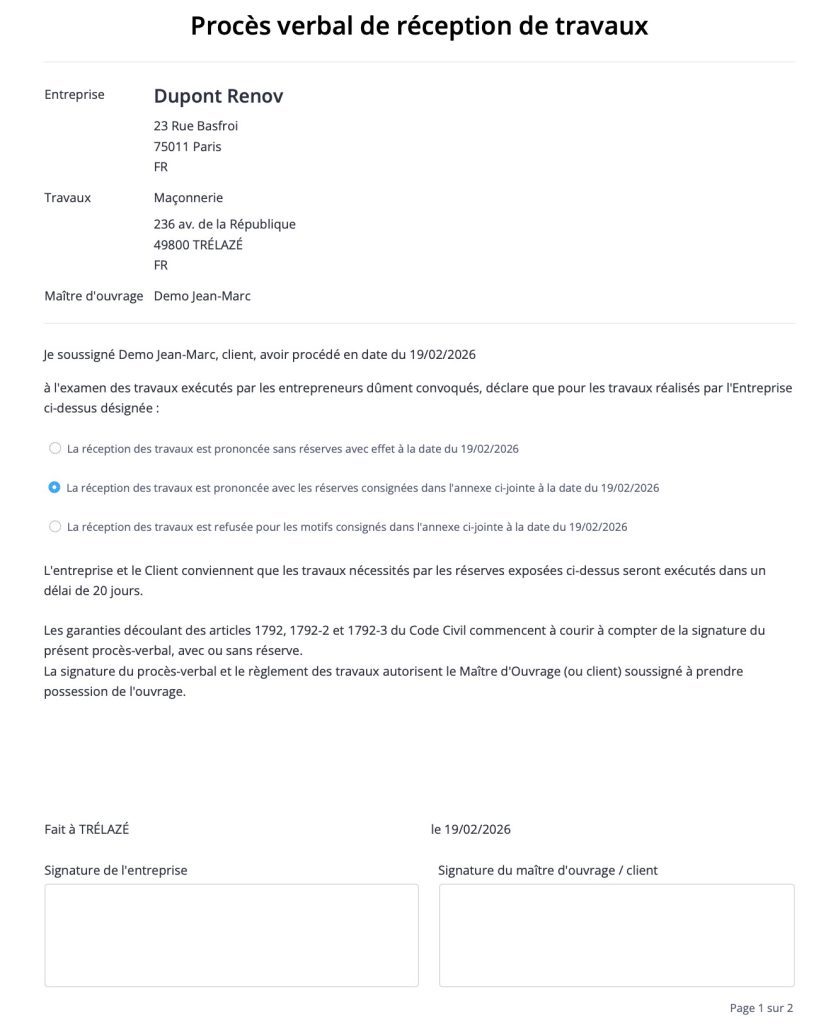 modèle pv de réception de chantier