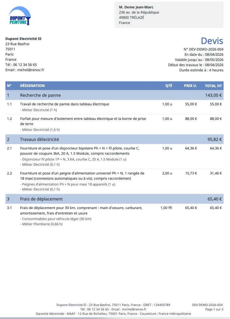 modèle devis électricité