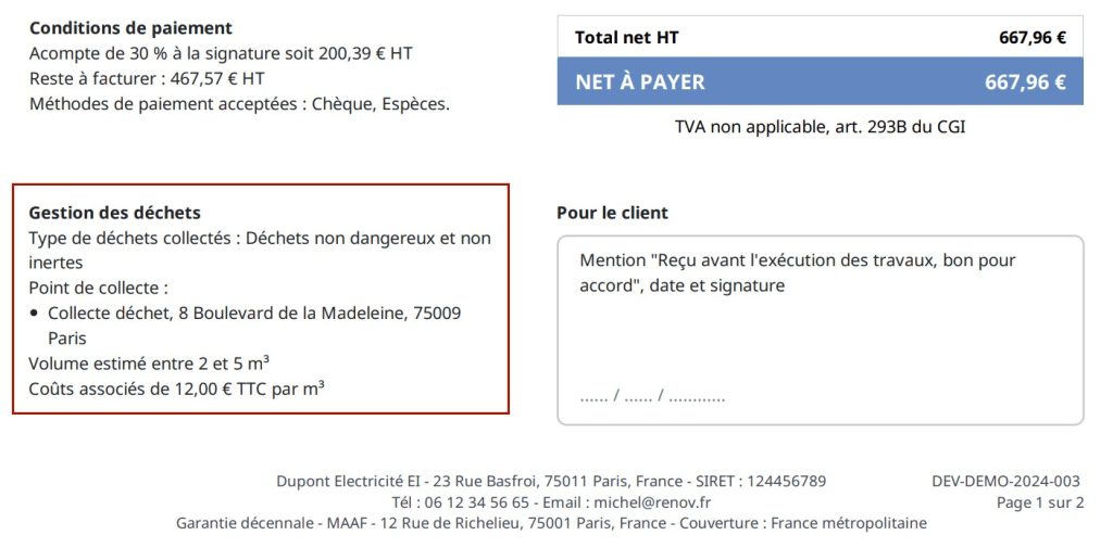 exemple mention déchets devis
