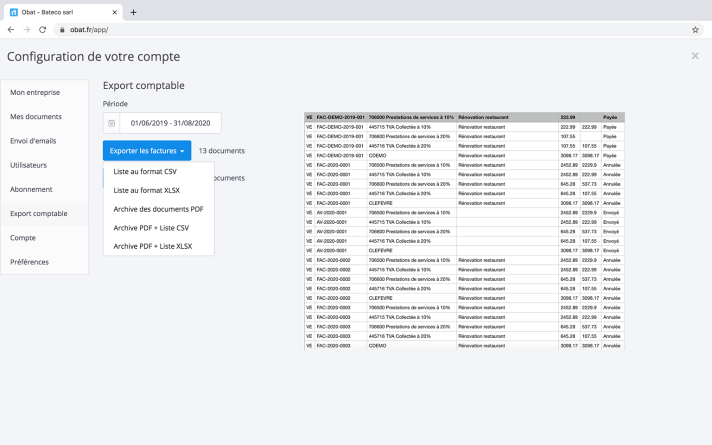 Exports comptable